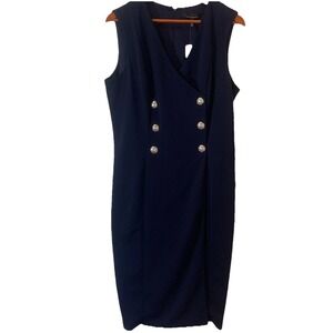 White House Black Market Womens Midi Dress 14 Blue Crepe Jumper Military Classic